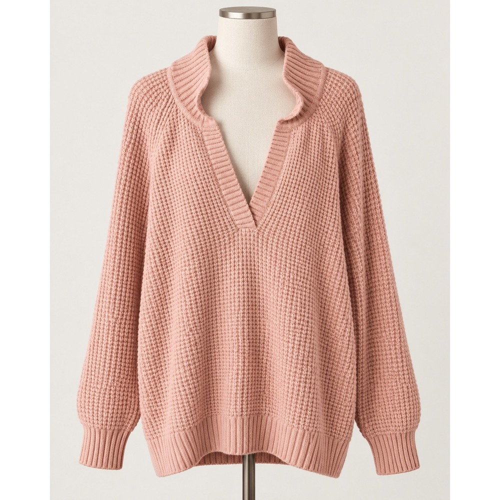 LL Bean Womens XL Pink Waffle Knit Split Neck Mock Neck Sweater 524863